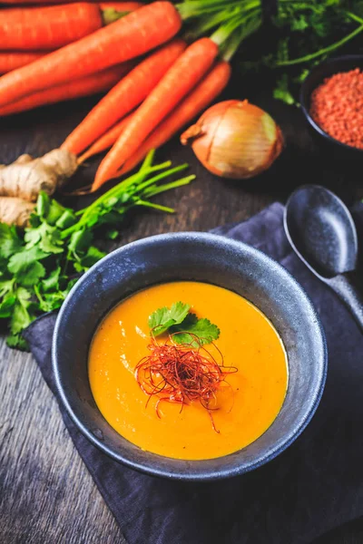 Roasted Pumpkin Carrot Soup Red Lentils Ginger Chili — Stock Photo, Image