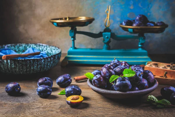 Freshly Picked Prune Plums Zwetschgen Fruits Bowl — Zdjęcie stockowe