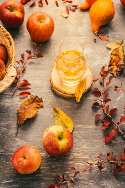 Äppelcider Höstkomposition Med Pumpor Höstlöv Röda Äpplen — Stockfoto