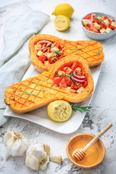 Halved Roasted Butternut Squash Spicy Vegetable Filling Feta Cheese — Stock Photo, Image