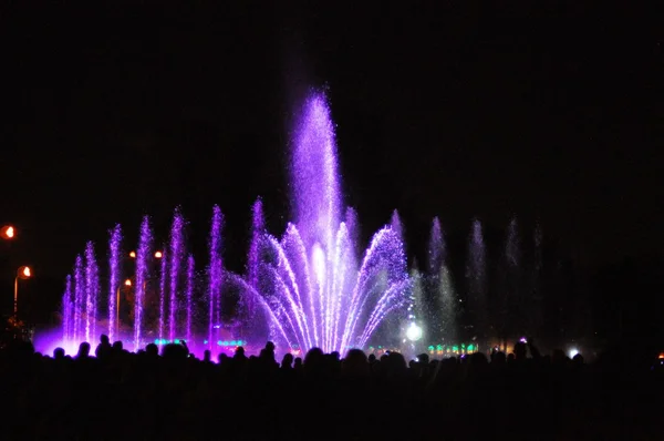 Juego de fuentes espectáculo con fuegos artificiales — Foto de Stock