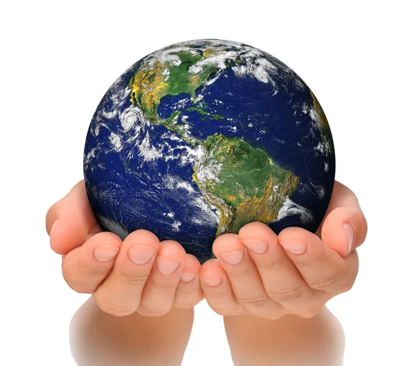 Woman holding globe on her hands, South and North America — Stock Photo, Image