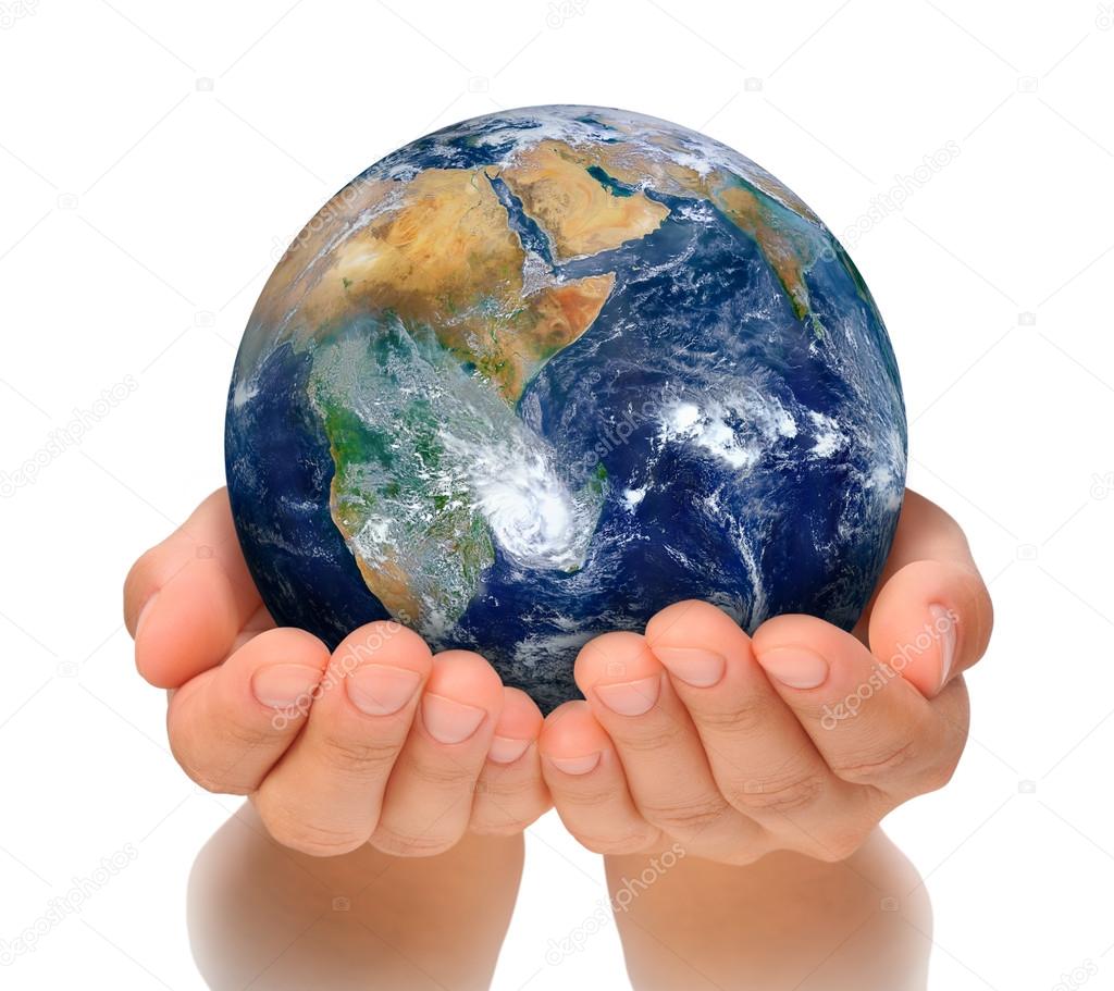Hands of woman holding globe, Africa and Near East