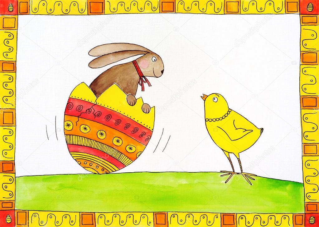 Easter card, child's drawing, watercolor painting