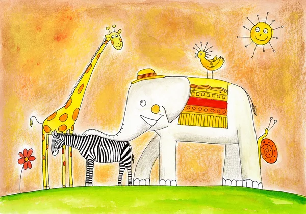Grup, hayvanlar, çocuğun çizim, kağıt üzerine suluboya resim — Stok fotoğraf