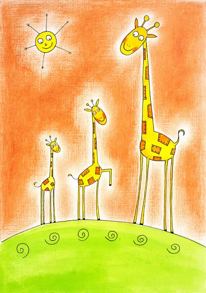 Drei glückliche Giraffen, Kinderzeichnung, Aquarellmalerei auf Papier — Stockfoto