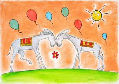 mutlu eşekler ile balonları, çocuğun çizim, kağıt üzerine suluboya resim
