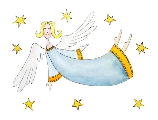 Ángel con estrellas, dibujo infantil, acuarela sobre papel — Foto de Stock