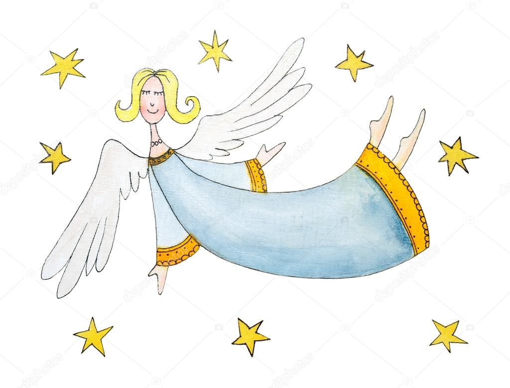 Angel with stars, child's drawing, watercolor painting on paper