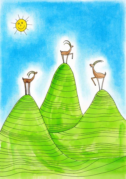 Три альпийских косули, детский рисунок, акварель на бумаге — стоковое фото