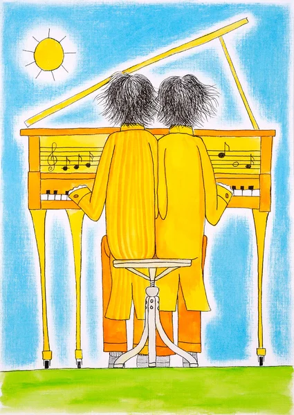 Piano spelers, gemini, kind tekening, aquarel op papier — Stockfoto
