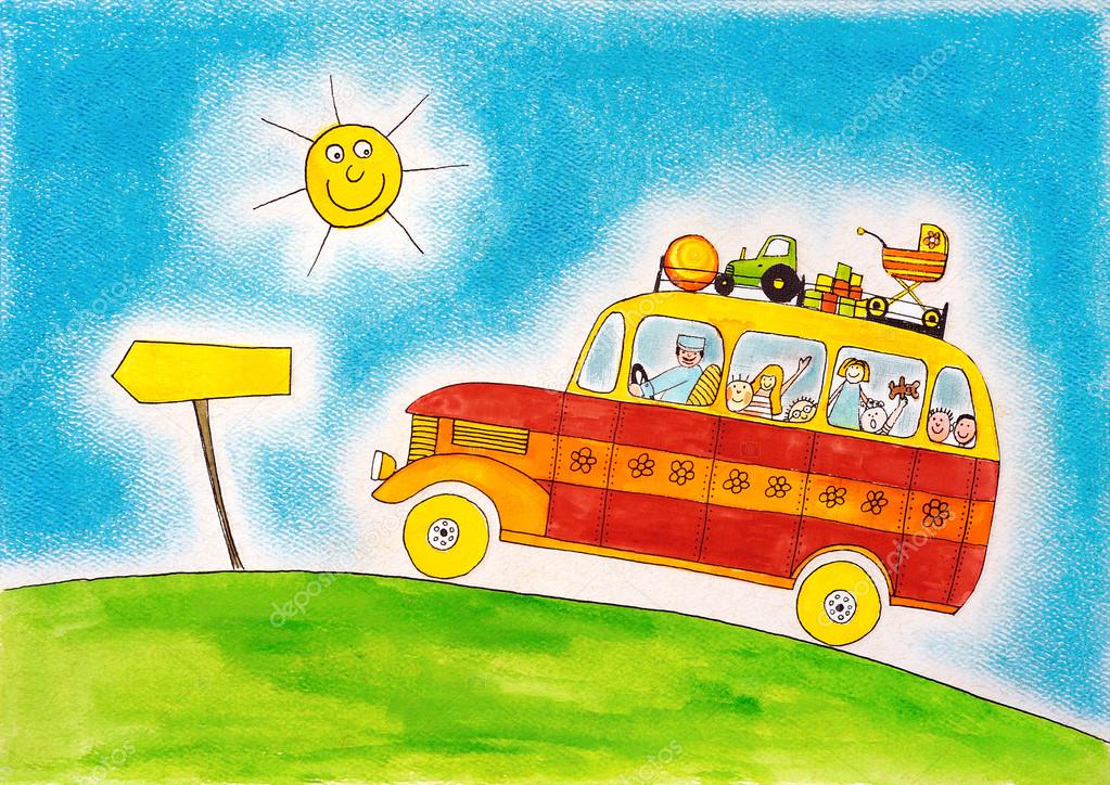 School bus trip, child's drawing, watercolor painting on paper