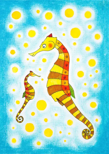 Hippocampes, dessin d'enfant, aquarelle sur papier — Photo