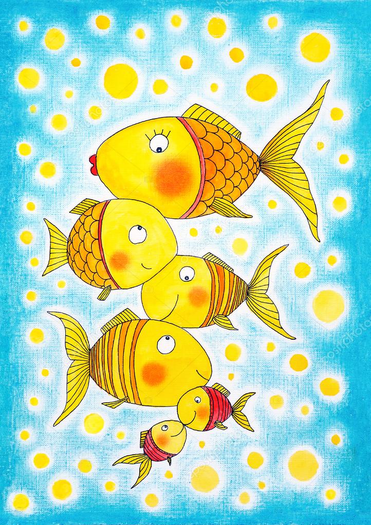 Group of gold fish, child's drawing, watercolor painting on paper