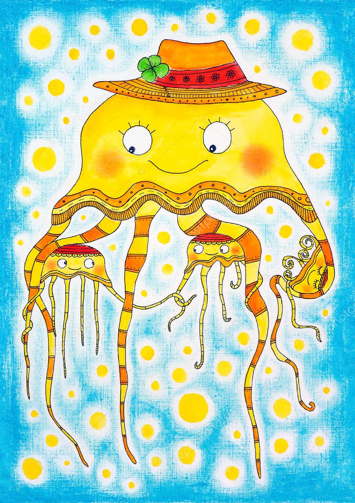 Jellyfish family, child's drawing, watercolor painting on paper
