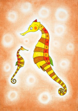 Seahorses, child's drawing, watercolor painting on paper clipart