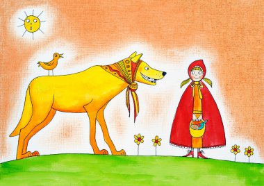 küçük red Riding hood, çocuğun çizim, kağıt üzerine suluboya resim