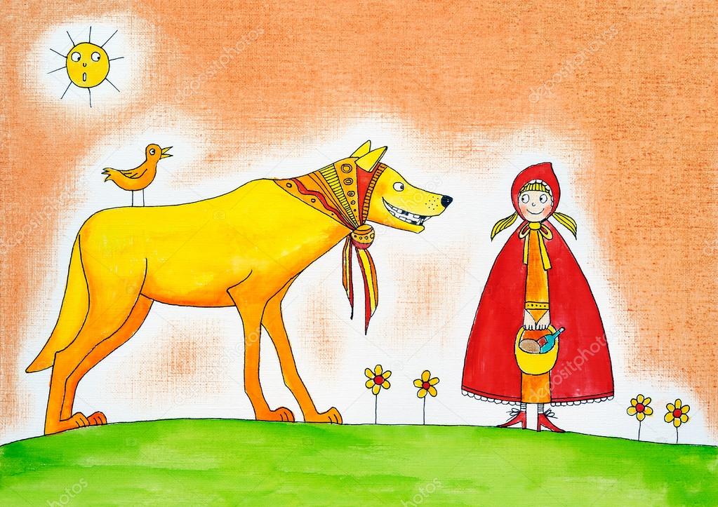 Little red riding hood, child's drawing, watercolor painting on paper