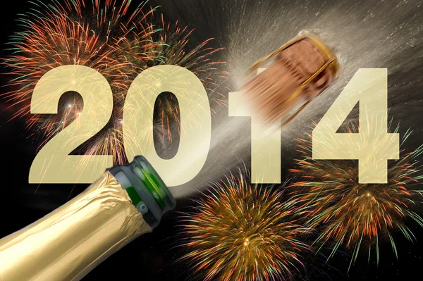 Nový rok 2014 s šampaňským a ohňostroj — Stock fotografie