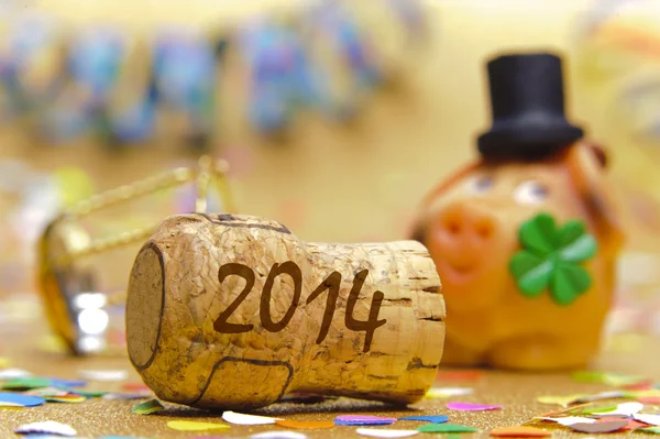 Champagne cork op Nieuwjaar 2014 — Stockfoto