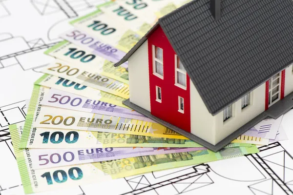 Model Home Standing Bundles Euro Currency — Stock Photo, Image