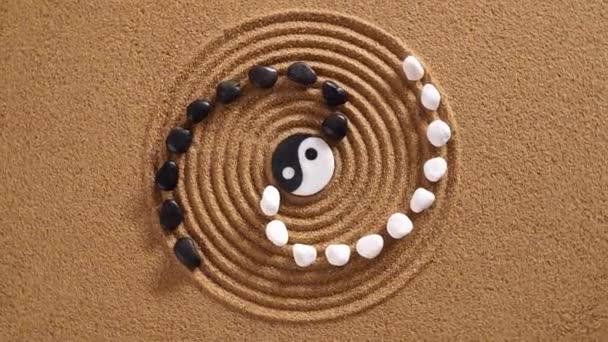 Japansk Zen Trädgård Med Yin Och Yang Sten Strukturerad Sand — Stockvideo