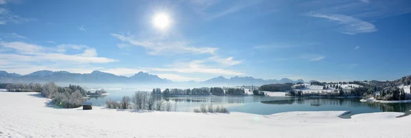 Панорамный Вид Альпы Озеро Форггензее Баварии Зимой — стоковое фото