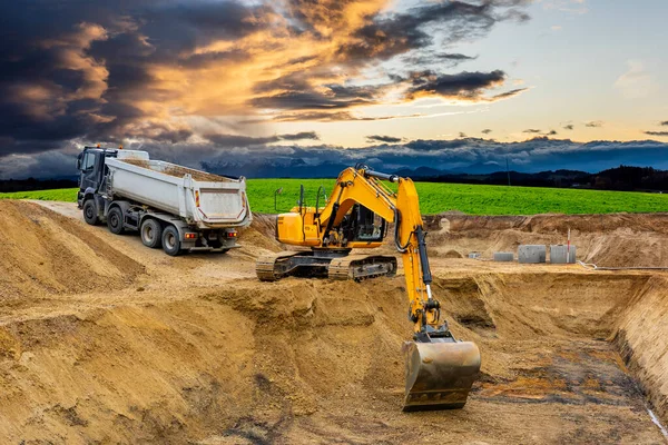 Graafmachine Graafmachine Aan Het Werk Bouwplaats — Stockfoto