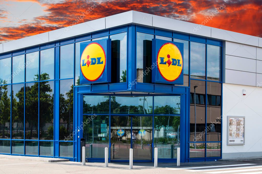 AUGSBURG, GERMANY  JUNE 16, 2022, Advertising sign of the discounter store LIDL in front of a sky with clouds