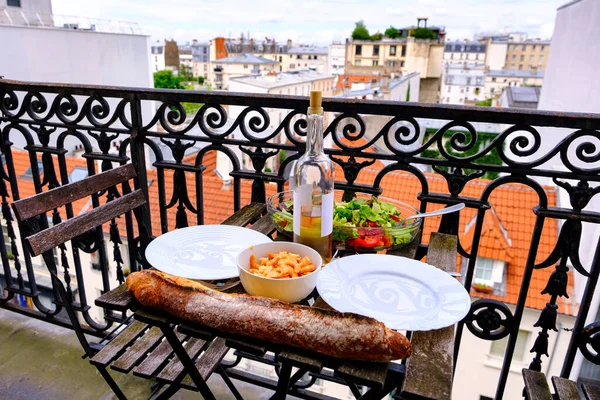 French Breakfast Balcony Table Baguette Wine View Paris France — стокове фото