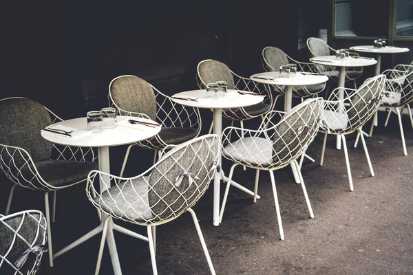 French Restaurant Tables Chairs Row Street Paris France Sepia Tone — Fotografia de Stock