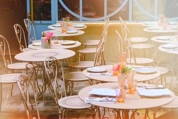 French Restaurant Tables Chairs Patio Paris France Photo Stylized Vintage — Stock Photo, Image