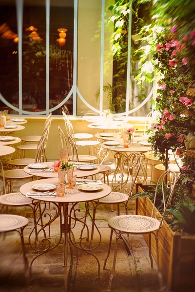 French Restaurant Tables Chairs Patio Paris France Photo Stylized Vintage — Foto de Stock