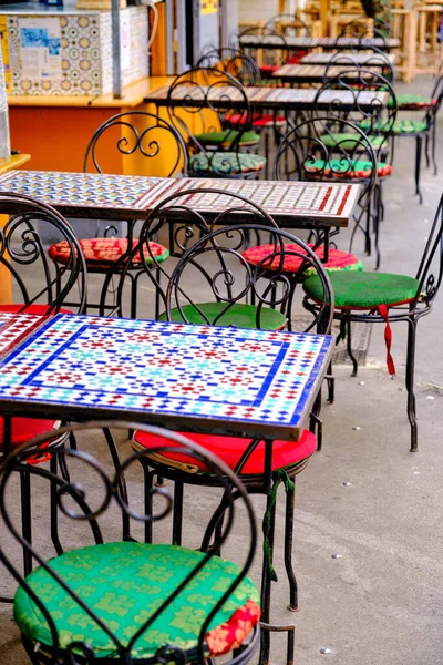 French Restaurant Colorful Tables Chairs Street Paris France — Stock Fotó