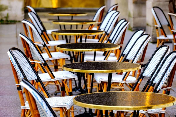 Wet Tables Chairs Row French Restaurant Rain — стоковое фото