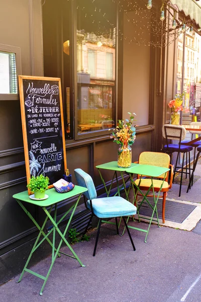 Small French Restaurant Table Chairs Decorated Flowers Street Paris France — стокове фото