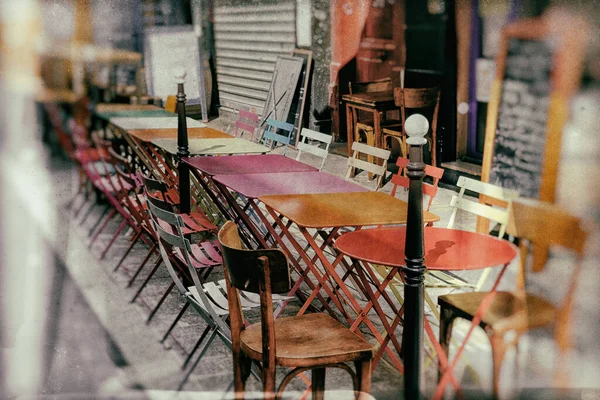 French Restaurant Tables Chairs Row Street Paris France Vintage Stylized — Stock Fotó