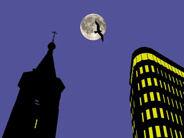 Church bell tower and business center at the moon background with bird — Stock Photo, Image