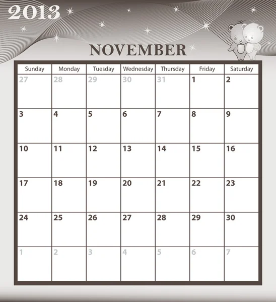 Calendrier 2013 novembre — Image vectorielle