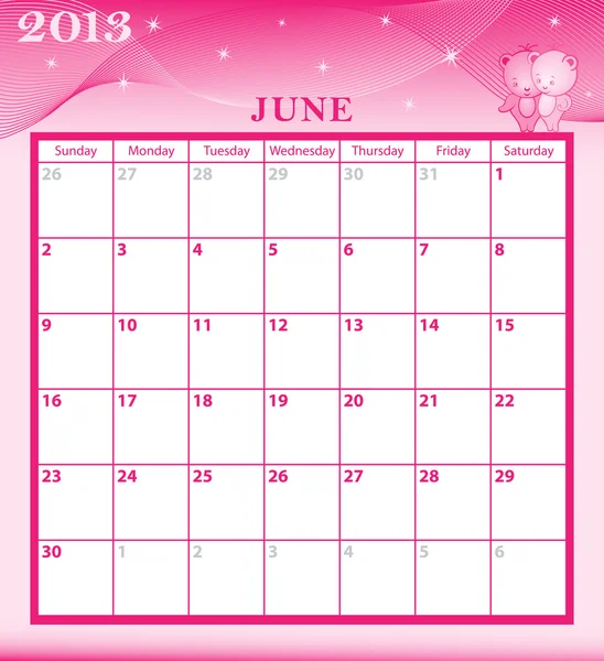 Kalender 2013 juni — Stockvector
