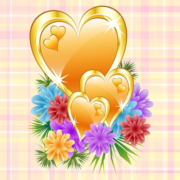 Goldene Herzen mit Blumen — Stockvektor