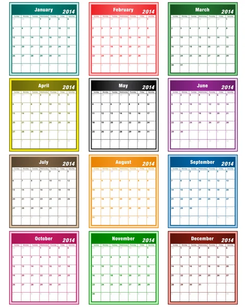 Calendar 2014 assorted colors Stock Vector