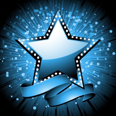 Glossy blue star with diamond border and banner on a blue starburst background clipart
