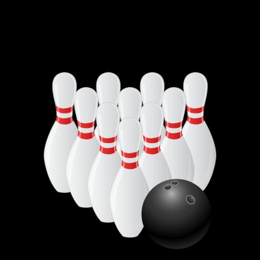 Ten pin bowling image with bowling ball next to pins on a black background