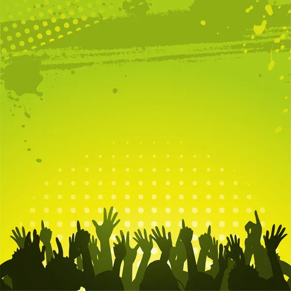 Silhouette crowd partying in front of abstract grunge green and yellow background — Stock Vector