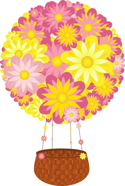 Αερόστατο ζεστού αέρα από τα φωτεινά λουλούδια με ανθισμένο ρόμπες και ψάθινο καλάθι — Διανυσματικό Αρχείο