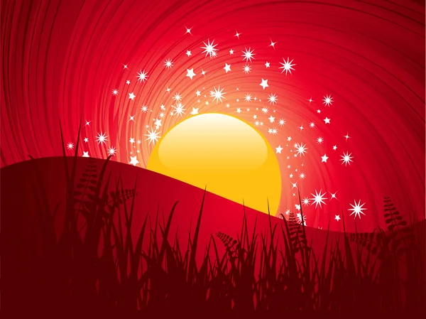 Sun setting in a swirling sky behind wild landscape with stars — Stock Vector