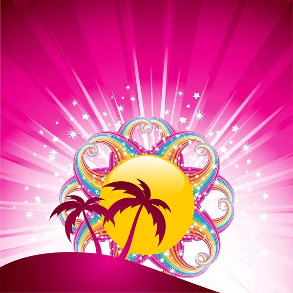 Glossy rainbow sun in a pink starburst sky setting behind palm trees — Stock Vector