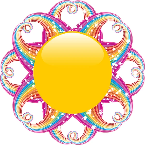 Sol amarillo brillante del verano con los rayos del arco iris y las estrellas — Vector de stock