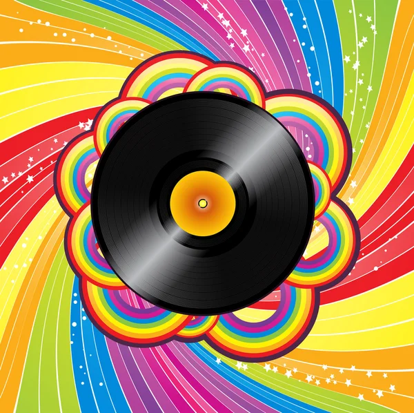Vinyl record op regenboog cirkels met abstracte regenboog wervelingen en sterren — Stockvector
